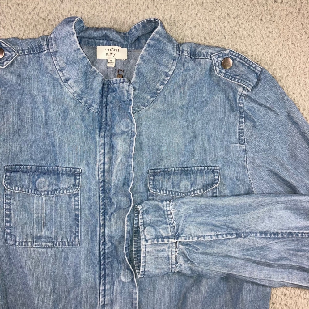 Crown & Ivy Utility Field Jacket Women M Blue Lyocell Denim‎ Coastal Minimalist